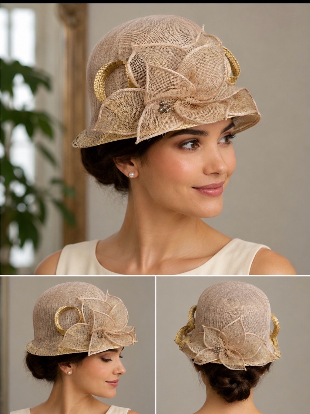 Fine Millinery Classic Beige Floral Cloche Hat with Gold Accent